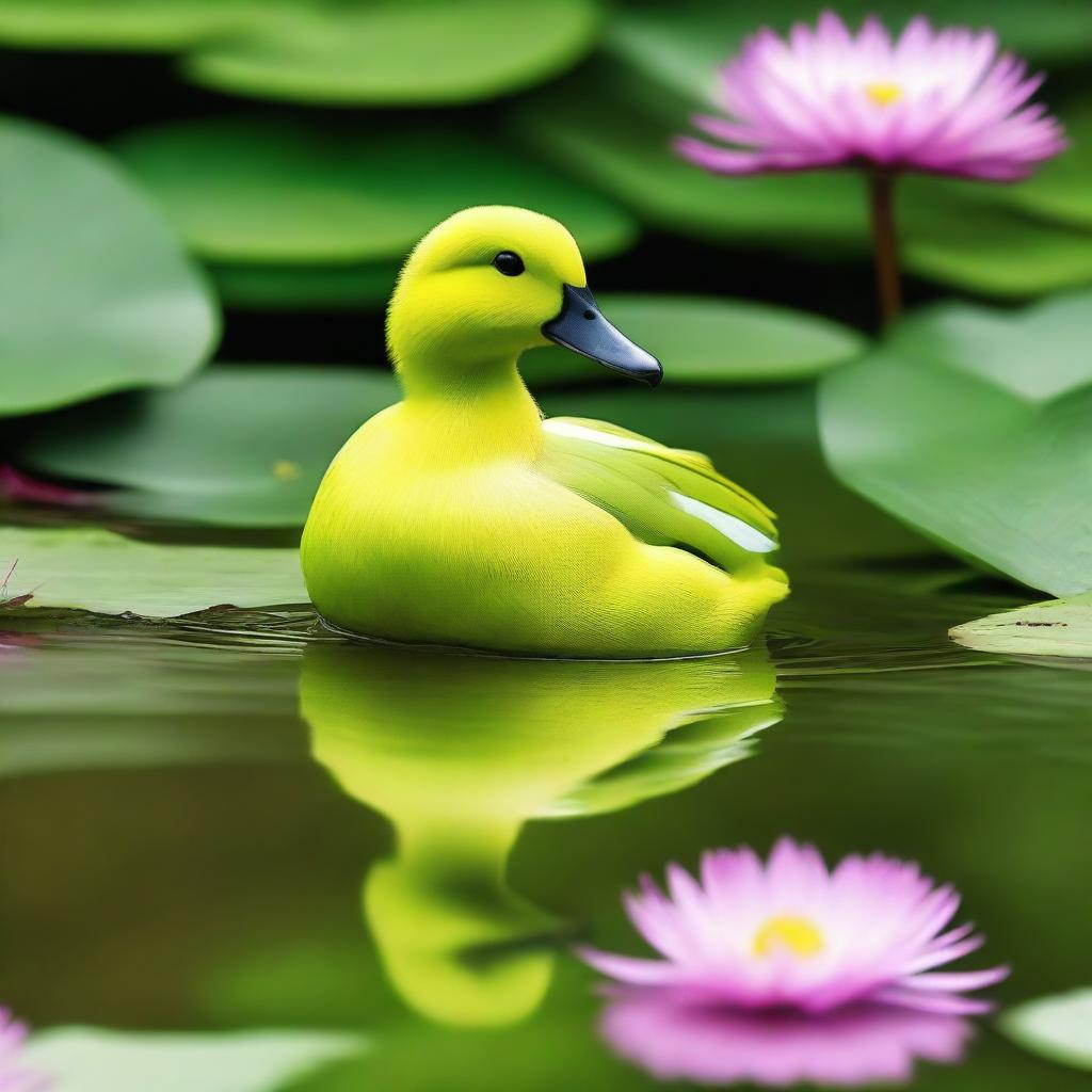 A complete lime green duck standing by a serene pond, surrounded by lush greenery and flowers