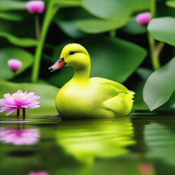 A complete lime green duck standing by a serene pond, surrounded by lush greenery and flowers