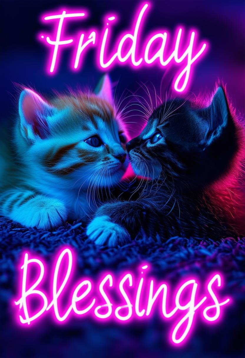 Create a beautiful book cover titled 'Friday Blessings' with glowing neon text and a background featuring two kittens, one ginger and one black, playing together, evoking warmth and blessings