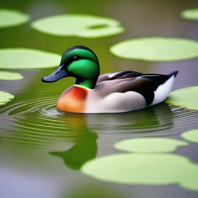 A complete lime green duck with a black and orange bill swimming in a clear pond with duckweed