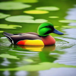 A complete lime green duck with a black and orange bill swimming in a clear pond with duckweed