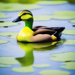 A complete lime green duck with a black and orange bill swimming in a clear pond with duckweed