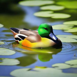 A complete lime green duck with a black and orange bill swimming in a clear pond with duckweed