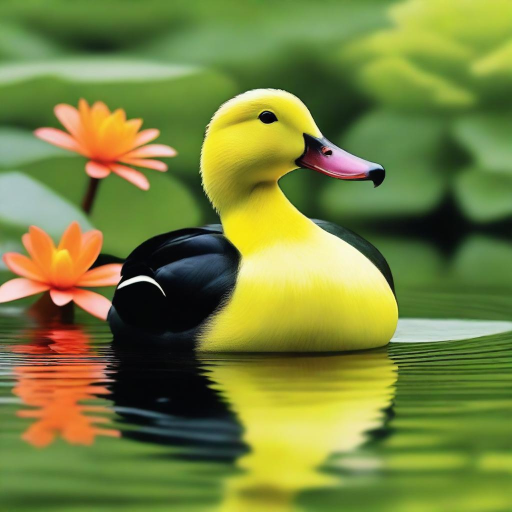 A complete lime green duck with a black and orange bill standing by a serene pond