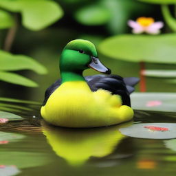 A complete lime green duck with a black and orange bill standing by a serene pond