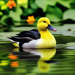 A complete lime green duck with a black and orange bill standing by a serene pond