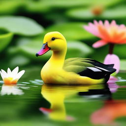 A complete lime green duck with a black and orange bill standing by a serene pond