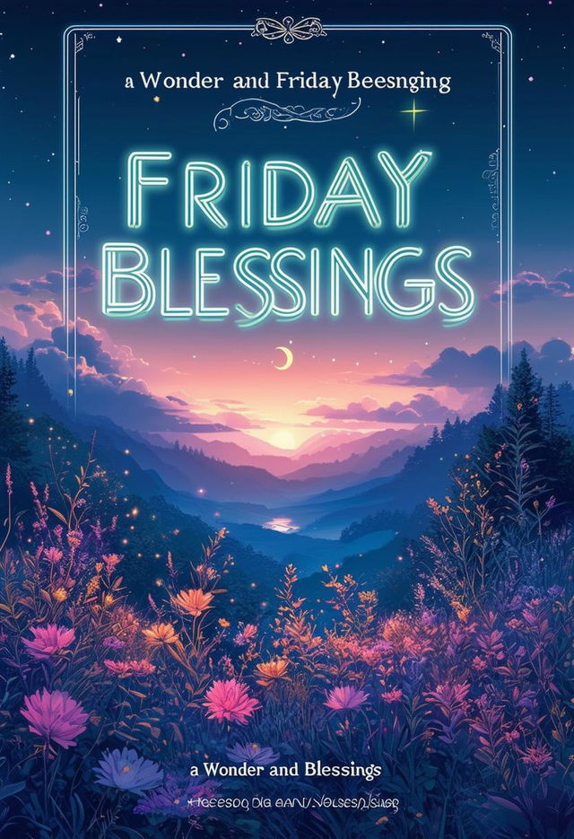 Create a beautiful book cover titled 'Friday Blessings' with glowing neon text and a Studio Ghibli-style landscape background, evoking wonder and blessings