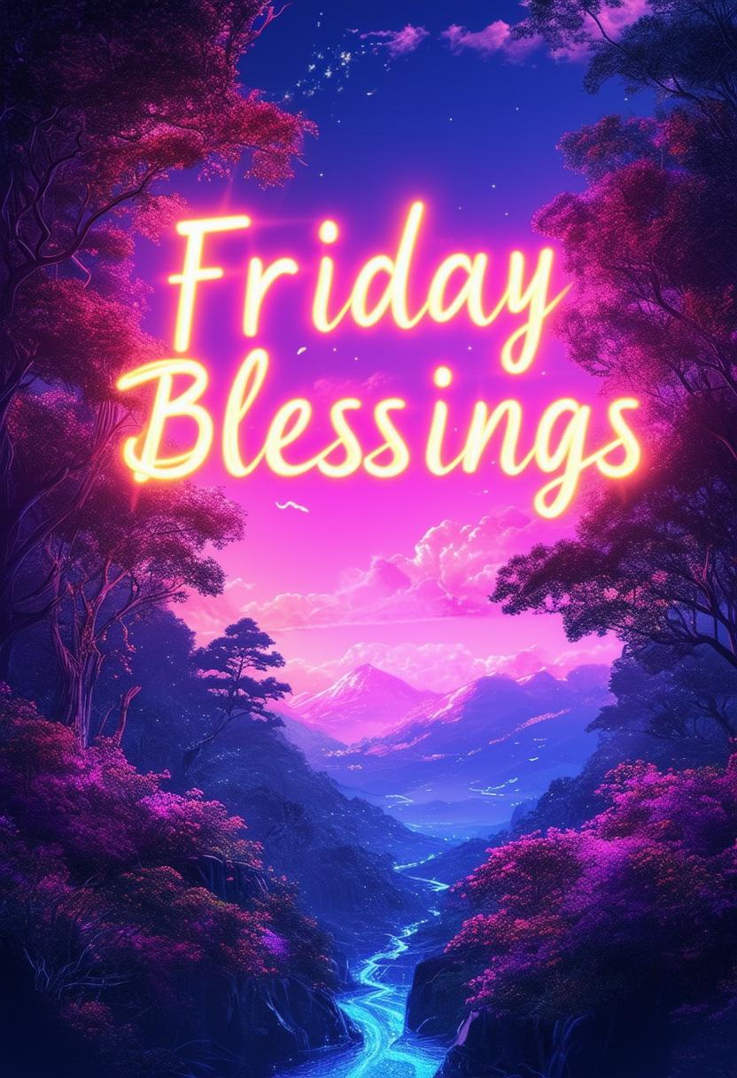 Create a beautiful book cover titled 'Friday Blessings' with glowing neon text and a background featuring a Studio Ghibli-style landscape, evoking warmth, blessings, and magical beauty