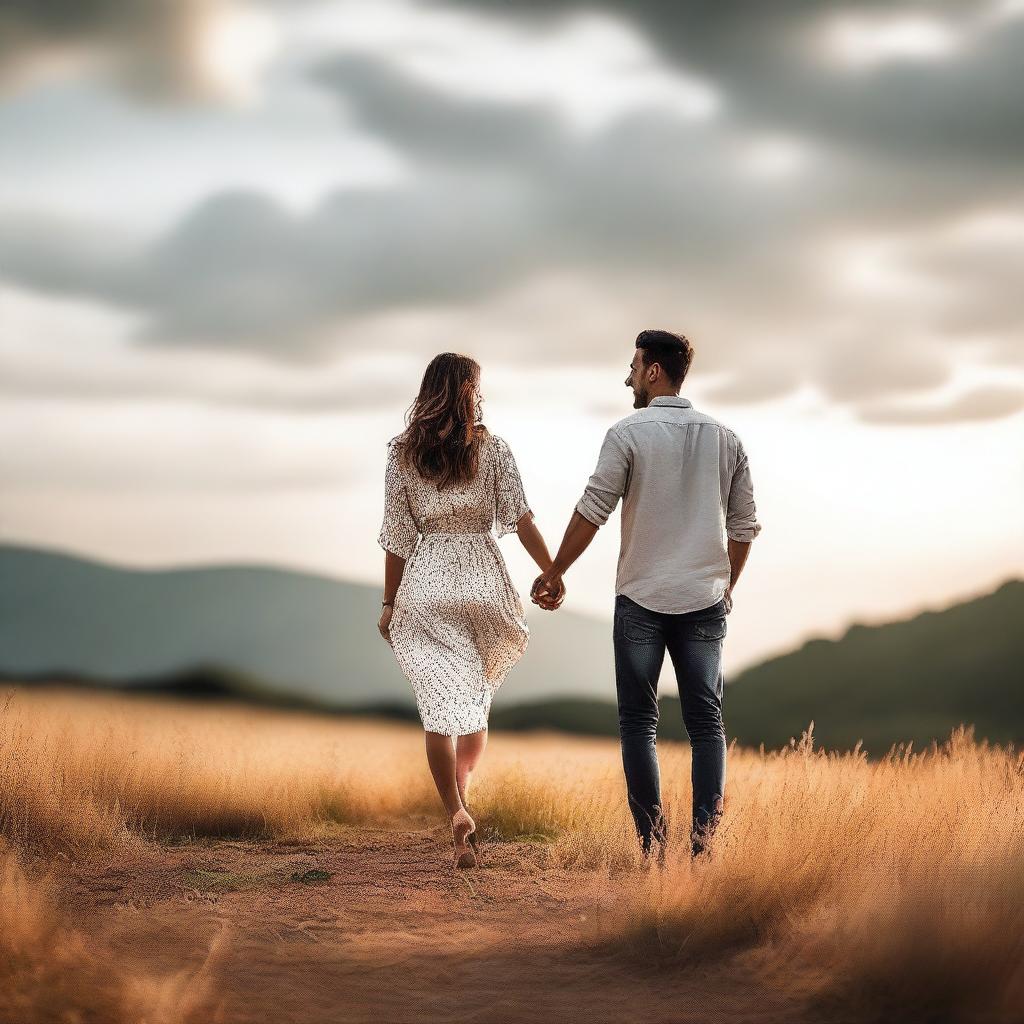 A loving couple of friends, smiling and holding hands, surrounded by a beautiful natural landscape