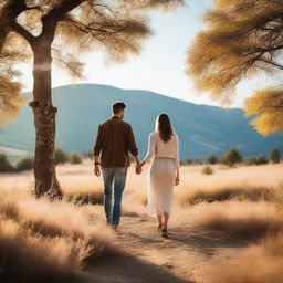 A loving couple of friends, smiling and holding hands, surrounded by a beautiful natural landscape