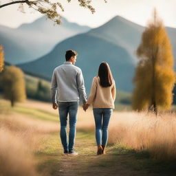 A loving couple of friends, smiling and holding hands, surrounded by a beautiful natural landscape