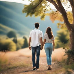 A loving couple of friends, smiling and holding hands, surrounded by a beautiful natural landscape