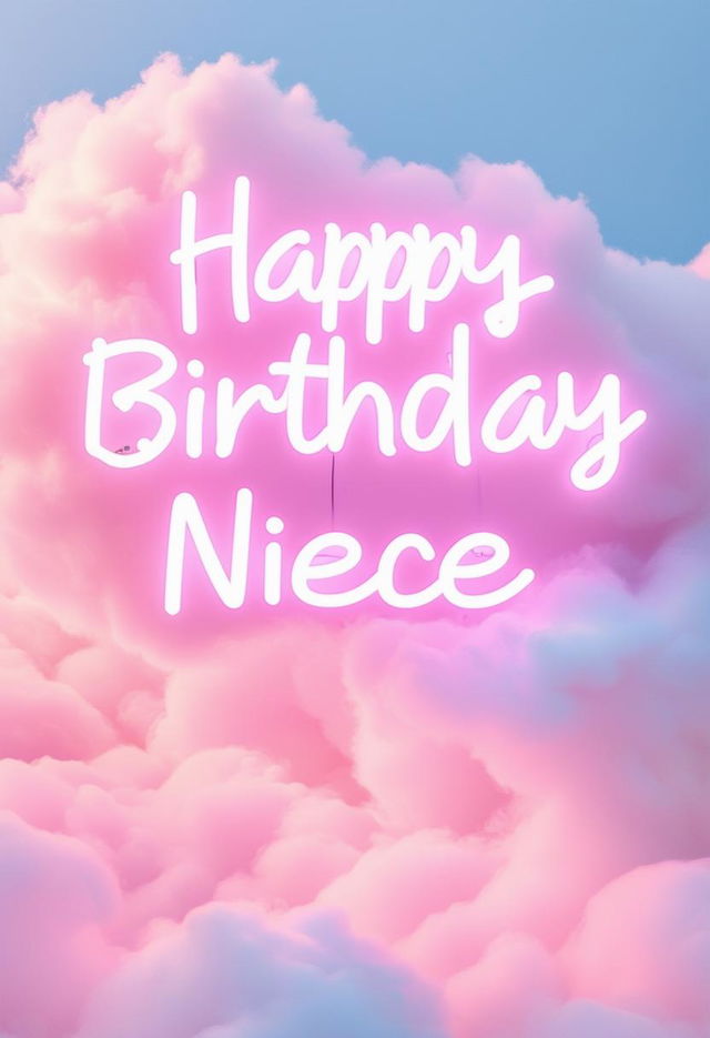 Create a beautiful book cover with 'Happy Birthday Niece' in neon text, featuring a cute cloud background in pastel pink