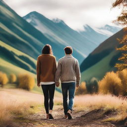 A loving couple of friends, smiling and holding hands, surrounded by a beautiful natural landscape