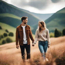 A loving couple of friends, smiling and holding hands, surrounded by a beautiful natural landscape