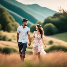 A loving couple of friends, smiling and holding hands, surrounded by a beautiful natural landscape