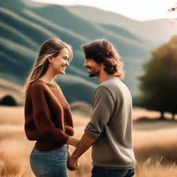 A loving couple of friends, smiling and holding hands, surrounded by a beautiful natural landscape