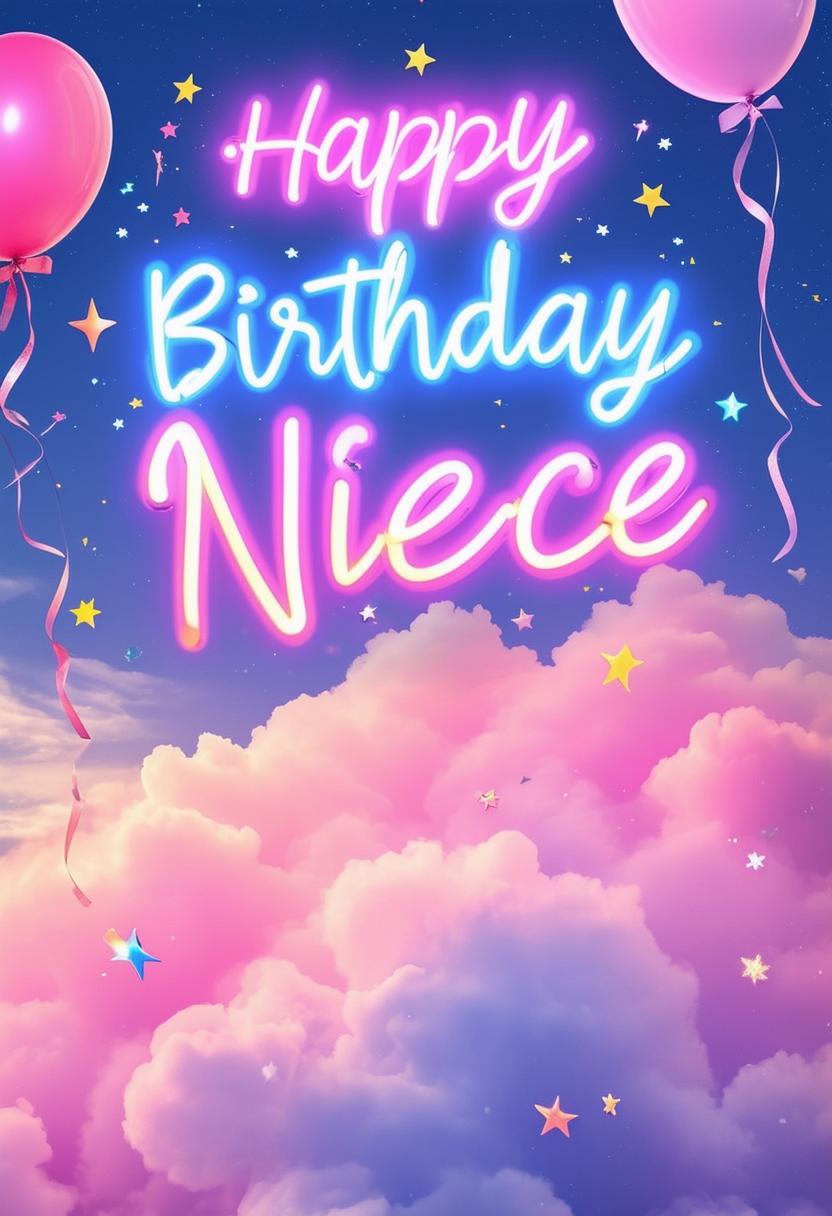 Create a beautiful book cover with 'Happy Birthday Niece' in neon text, featuring a cute cloud background in pastel pink