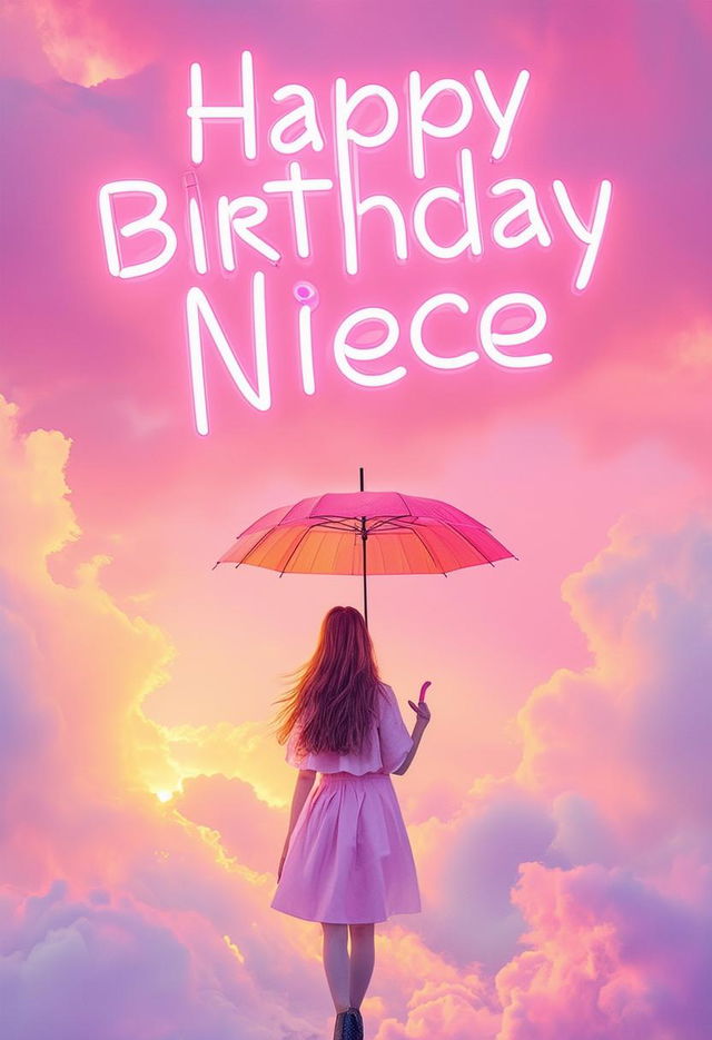 Create a beautiful book cover with 'Happy Birthday Niece' in neon text, inspired by Wes Anderson