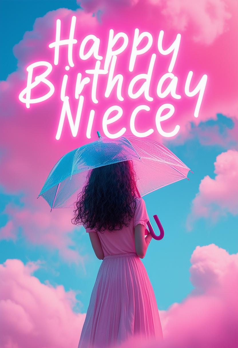 Create a beautiful book cover with 'Happy Birthday Niece' in neon text, inspired by Wes Anderson