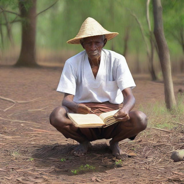 Um filósofo piauiense em um cenário natural do Piauí, com roupas tradicionais e uma expressão pensativa