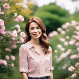 A beautiful and loving wife standing in a peaceful garden with flowers blooming all around