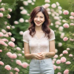 A beautiful and loving wife standing in a peaceful garden with flowers blooming all around