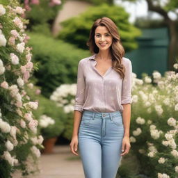 A beautiful and loving wife standing in a peaceful garden with flowers blooming all around