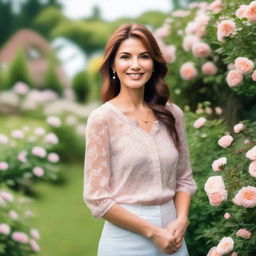 A beautiful and loving wife standing in a peaceful garden with flowers blooming all around