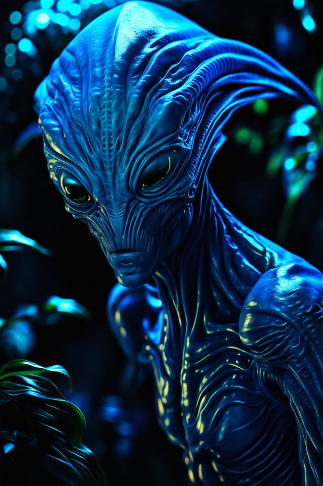 Create a hyper-realistic 3D artwork of an intense blue alien in a futuristic environment with intense lighting, resembling cinema photography and concept art