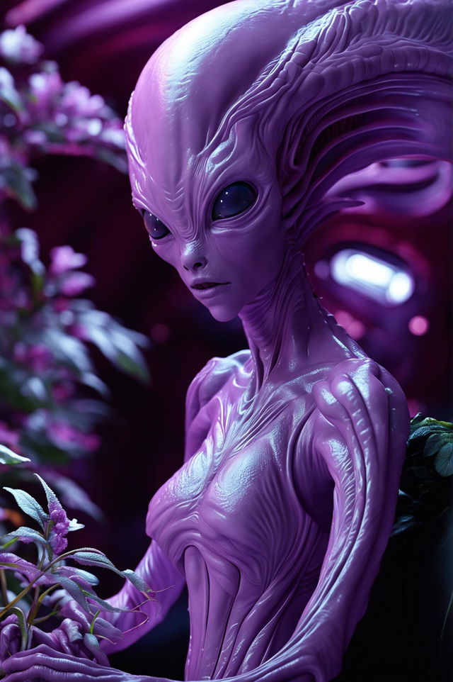 Create a hyper-realistic 3D artwork of a beautiful lilac alien in a futuristic environment with intense lighting, resembling cinema photography and concept art