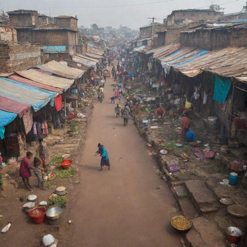 A bustling, underprivileged slum area with a vibrant street life where someone is brewing tea on a roadside stall