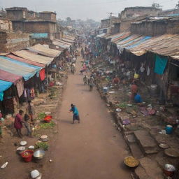 A bustling, underprivileged slum area with a vibrant street life where someone is brewing tea on a roadside stall