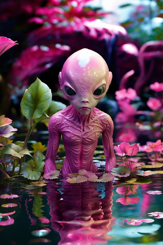 Create a hyper-realistic 3D artwork of a beautiful pink alien-human hybrid near an alien pond in a lush, otherworldly environment with intense lighting, resembling cinema photography and concept art