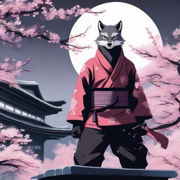 A powerful and agile wolf ninja, dressed in traditional ninja garb, standing on a moonlit rooftop