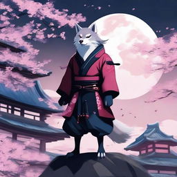 A powerful and agile wolf ninja, dressed in traditional ninja garb, standing on a moonlit rooftop