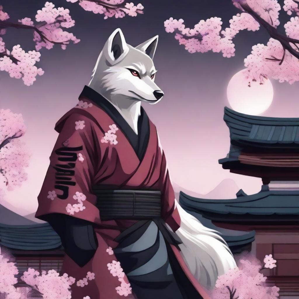 A powerful and agile wolf ninja, dressed in traditional ninja garb, standing on a moonlit rooftop