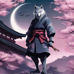 A powerful and agile wolf ninja, dressed in traditional ninja garb, standing on a moonlit rooftop