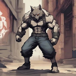 A fierce and muscular wolf brawler in a dynamic fighting stance