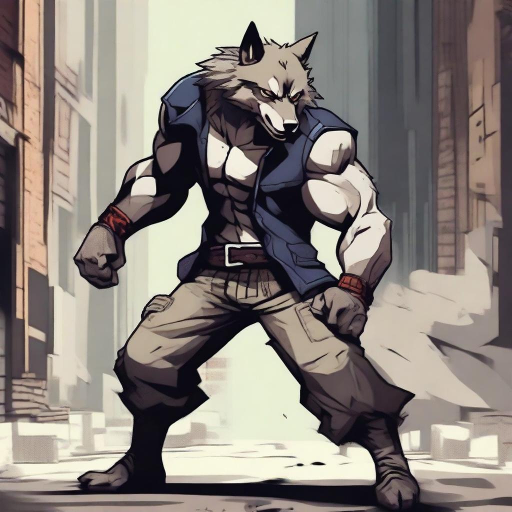 A fierce and muscular wolf brawler in a dynamic fighting stance