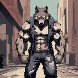 A fierce and muscular wolf brawler in a dynamic fighting stance