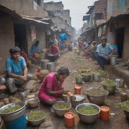 A bustling, underprivileged slum area with a vibrant street life where someone is brewing tea on a roadside stall