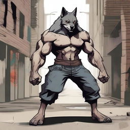 A fierce and muscular wolf brawler in a dynamic fighting stance