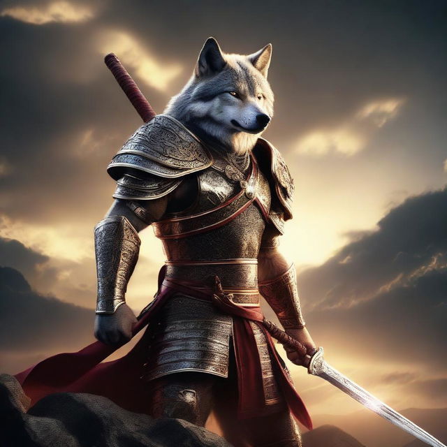 A badass wolf sword fighter standing in a heroic pose, wielding a gleaming katana