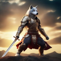 A badass wolf sword fighter standing in a heroic pose, wielding a gleaming katana