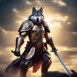 A badass wolf sword fighter standing in a heroic pose, wielding a gleaming katana