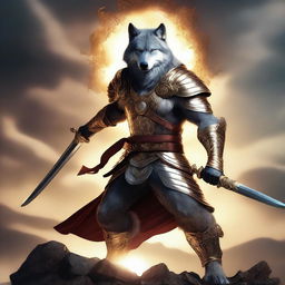 A badass wolf sword fighter standing in a heroic pose, wielding a gleaming katana