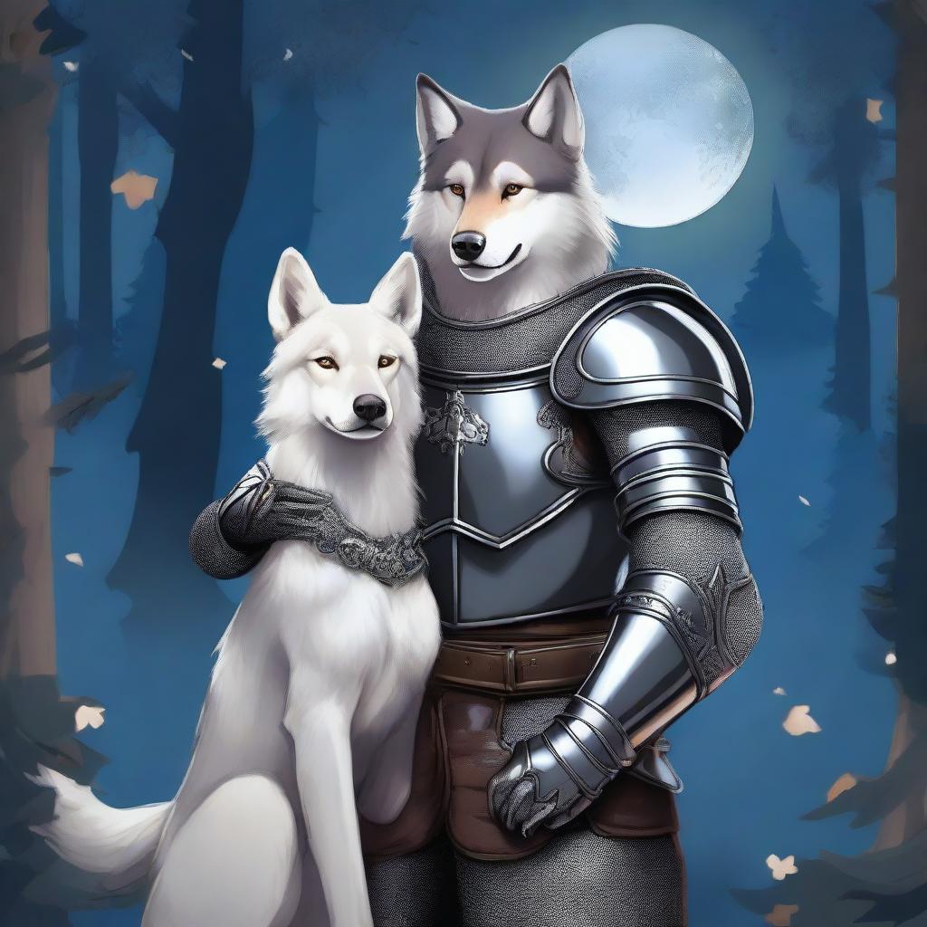 A brave wolf knight holding a female dog in his arms