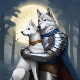 A brave wolf knight holding a female dog in his arms